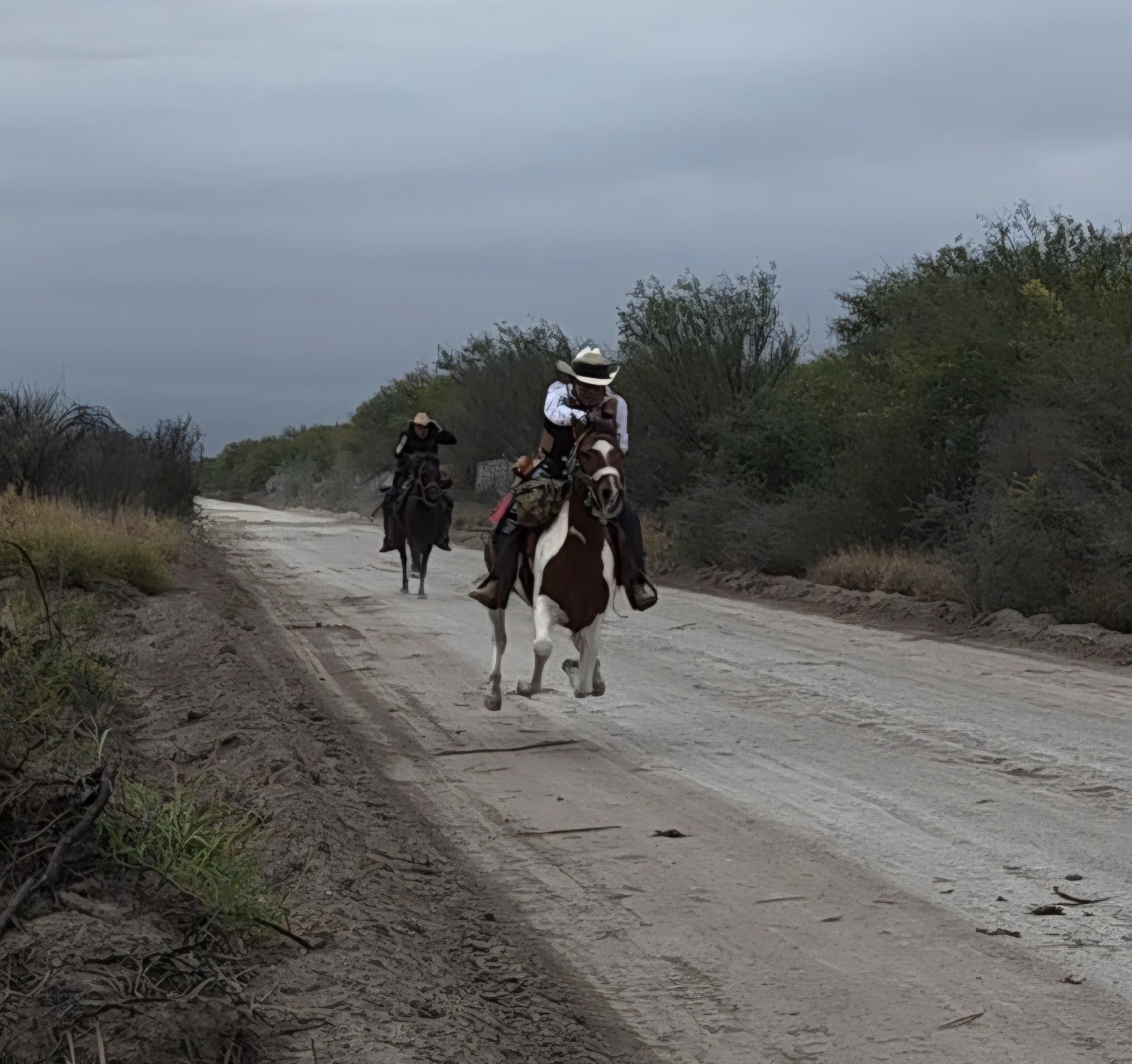 Jinetes llaneros galopando en el camino